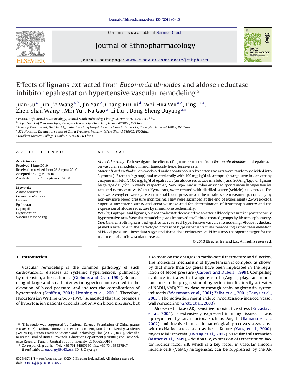 Effects of lignans extracted from Eucommia ulmoides and aldose reductase inhibitor epalrestat on hypertensive vascular remodeling 