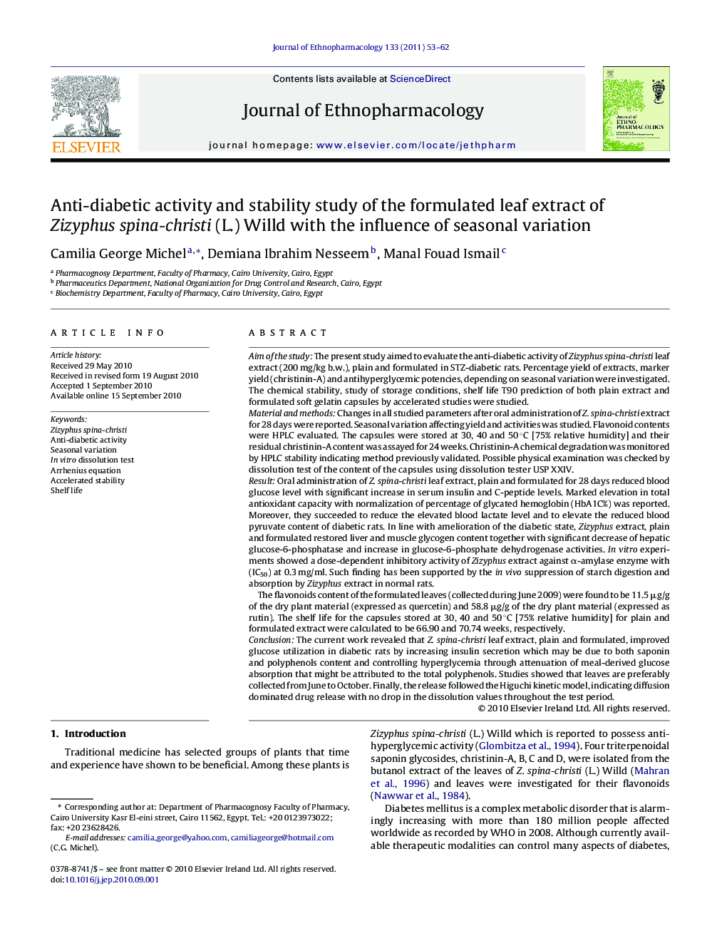 Anti-diabetic activity and stability study of the formulated leaf extract of Zizyphus spina-christi (L.) Willd with the influence of seasonal variation