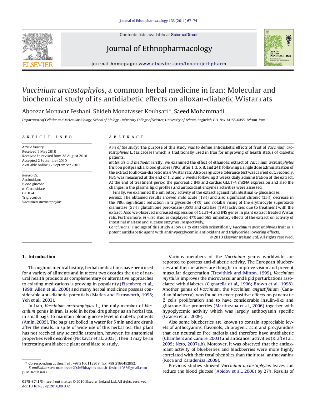 Vaccinium arctostaphylos, a common herbal medicine in Iran: Molecular and biochemical study of its antidiabetic effects on alloxan-diabetic Wistar rats