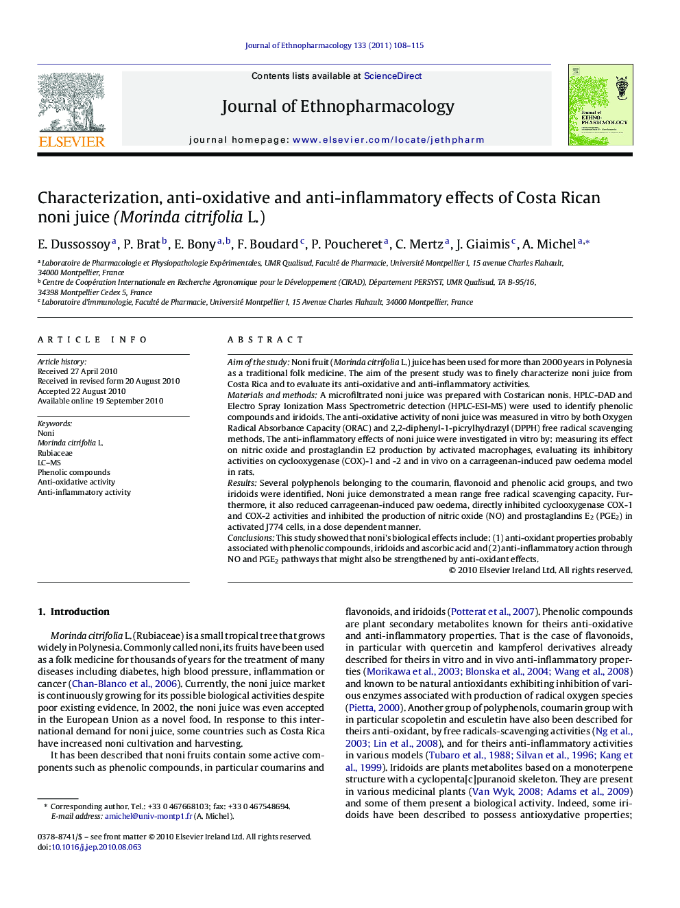 Characterization, anti-oxidative and anti-inflammatory effects of Costa Rican noni juice (Morinda citrifolia L.)