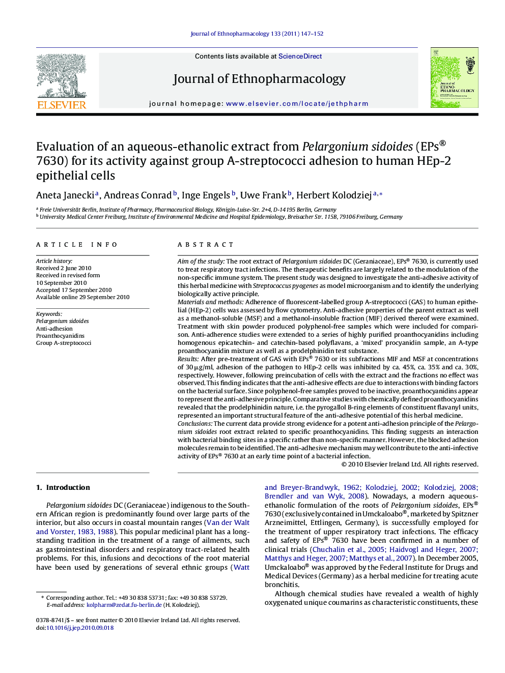 Evaluation of an aqueous-ethanolic extract from Pelargonium sidoides (EPs® 7630) for its activity against group A-streptococci adhesion to human HEp-2 epithelial cells