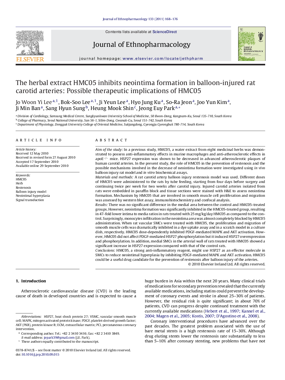 The herbal extract HMC05 inhibits neointima formation in balloon-injured rat carotid arteries: Possible therapeutic implications of HMC05