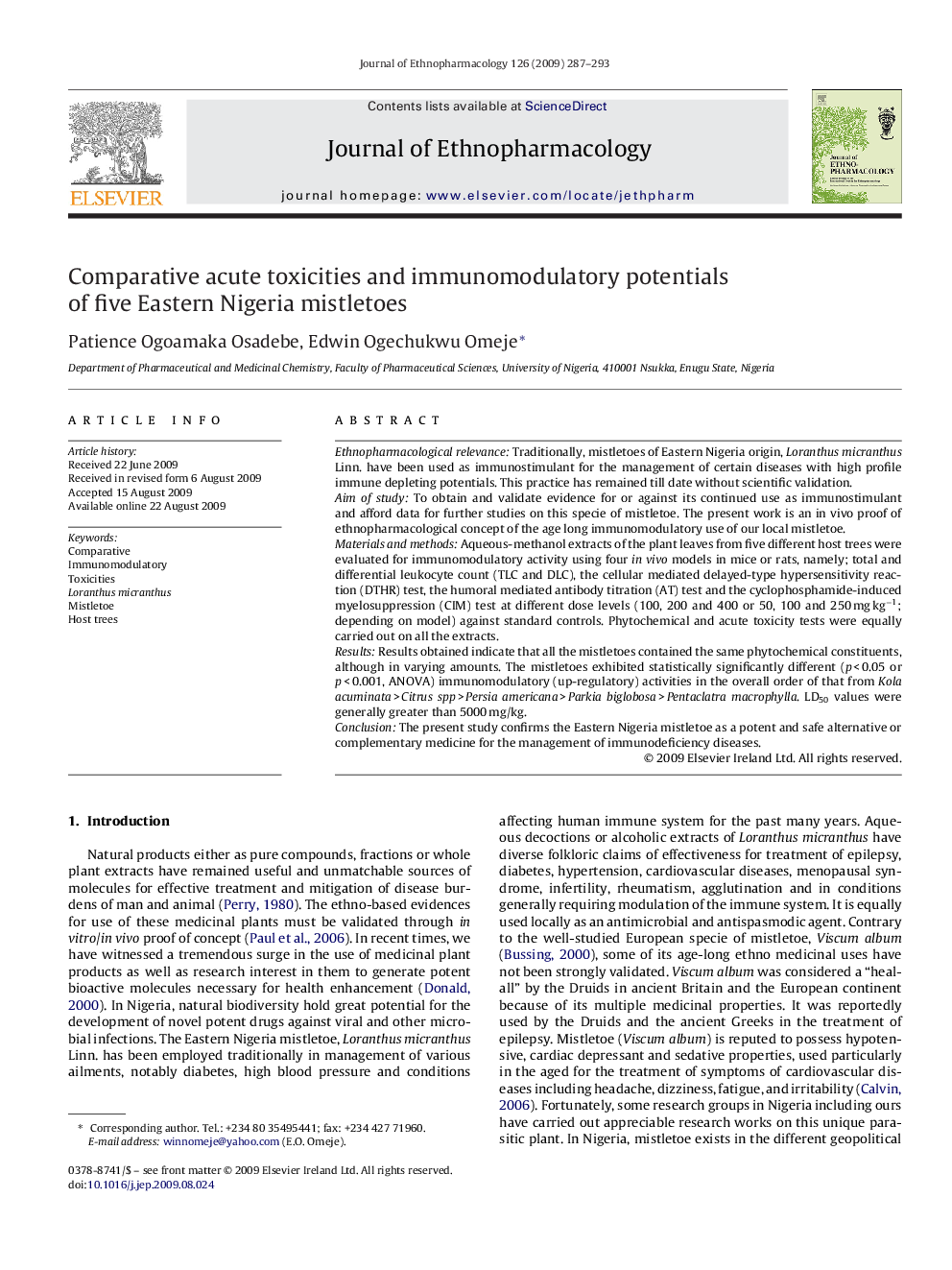 Comparative acute toxicities and immunomodulatory potentials of five Eastern Nigeria mistletoes