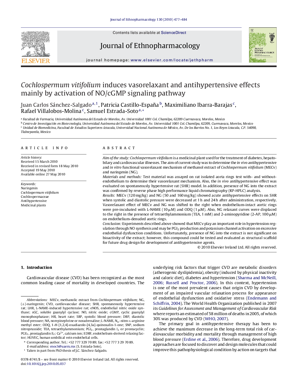 Cochlospermum vitifolium induces vasorelaxant and antihypertensive effects mainly by activation of NO/cGMP signaling pathway