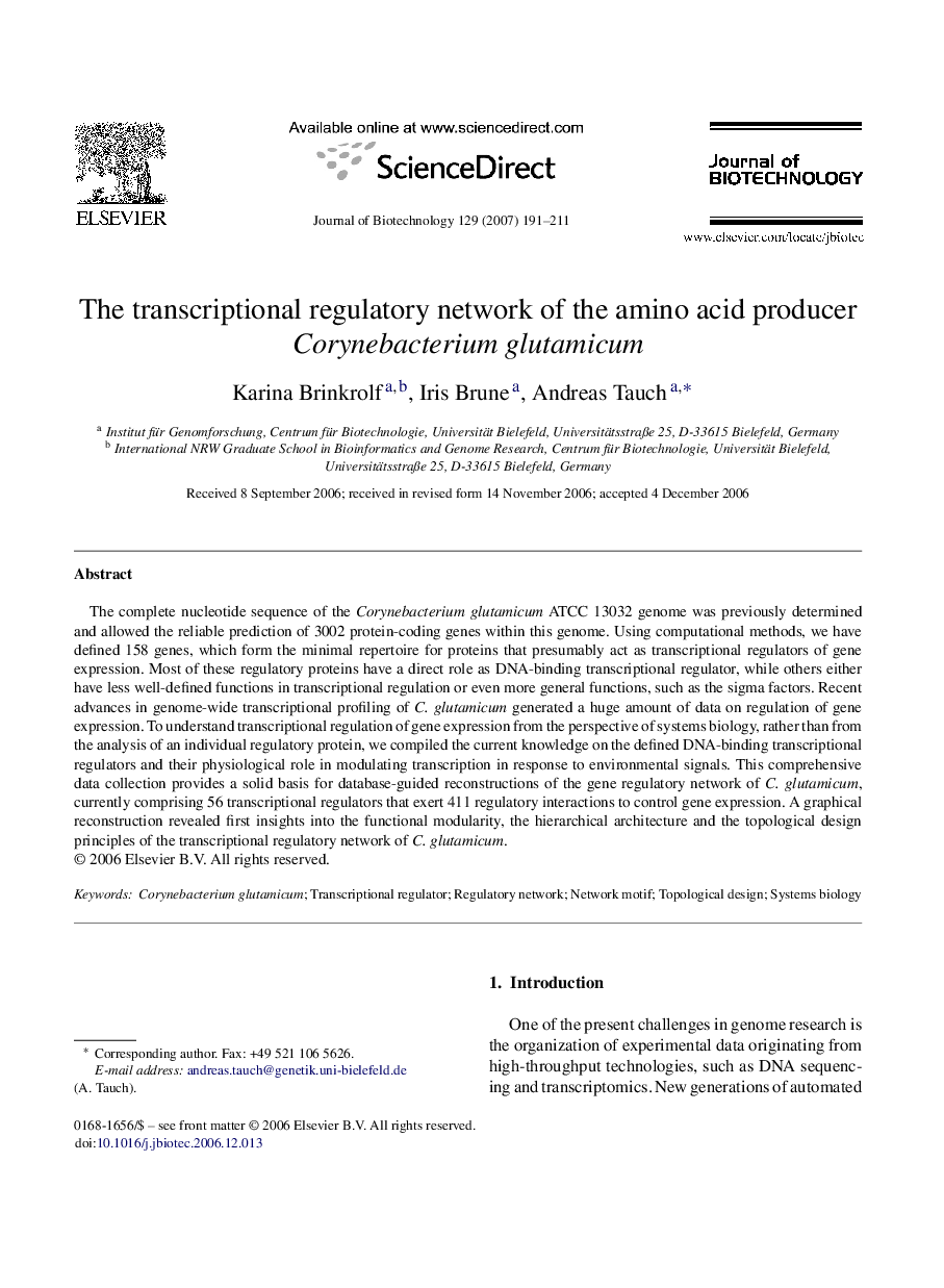 The transcriptional regulatory network of the amino acid producer Corynebacterium glutamicum