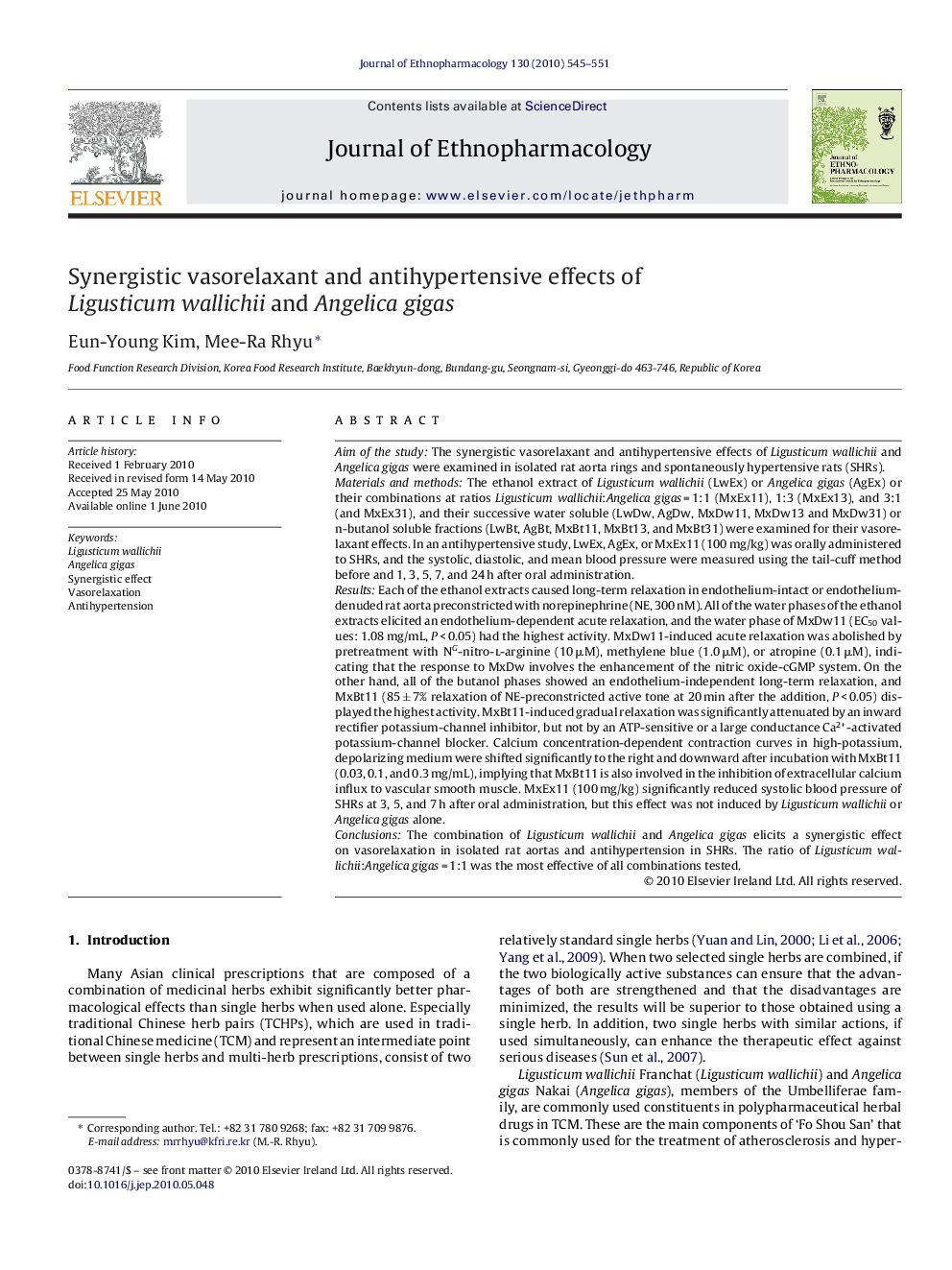 Synergistic vasorelaxant and antihypertensive effects of Ligusticum wallichii and Angelica gigas