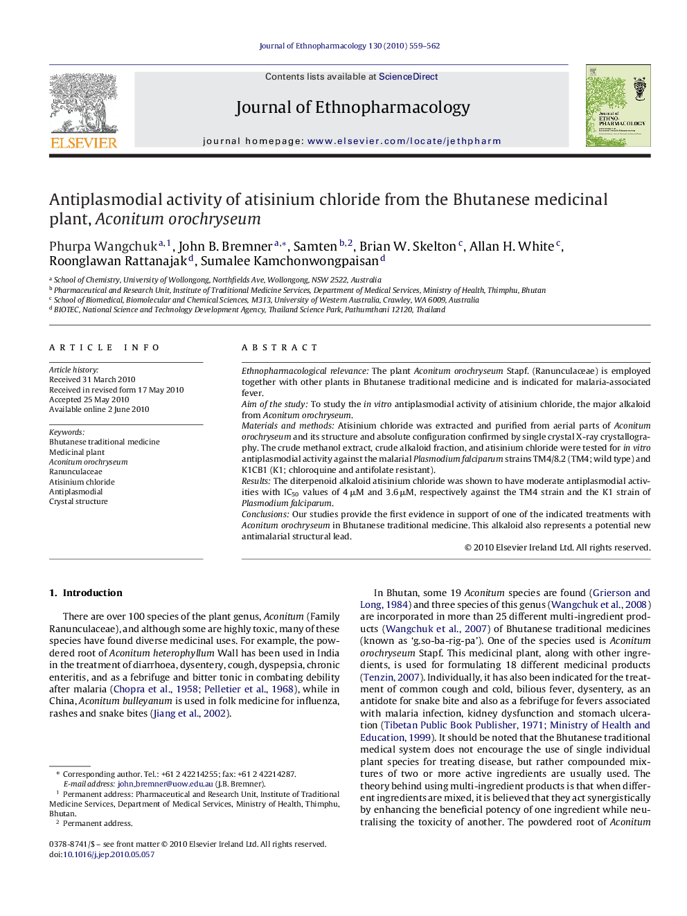 Antiplasmodial activity of atisinium chloride from the Bhutanese medicinal plant, Aconitum orochryseum