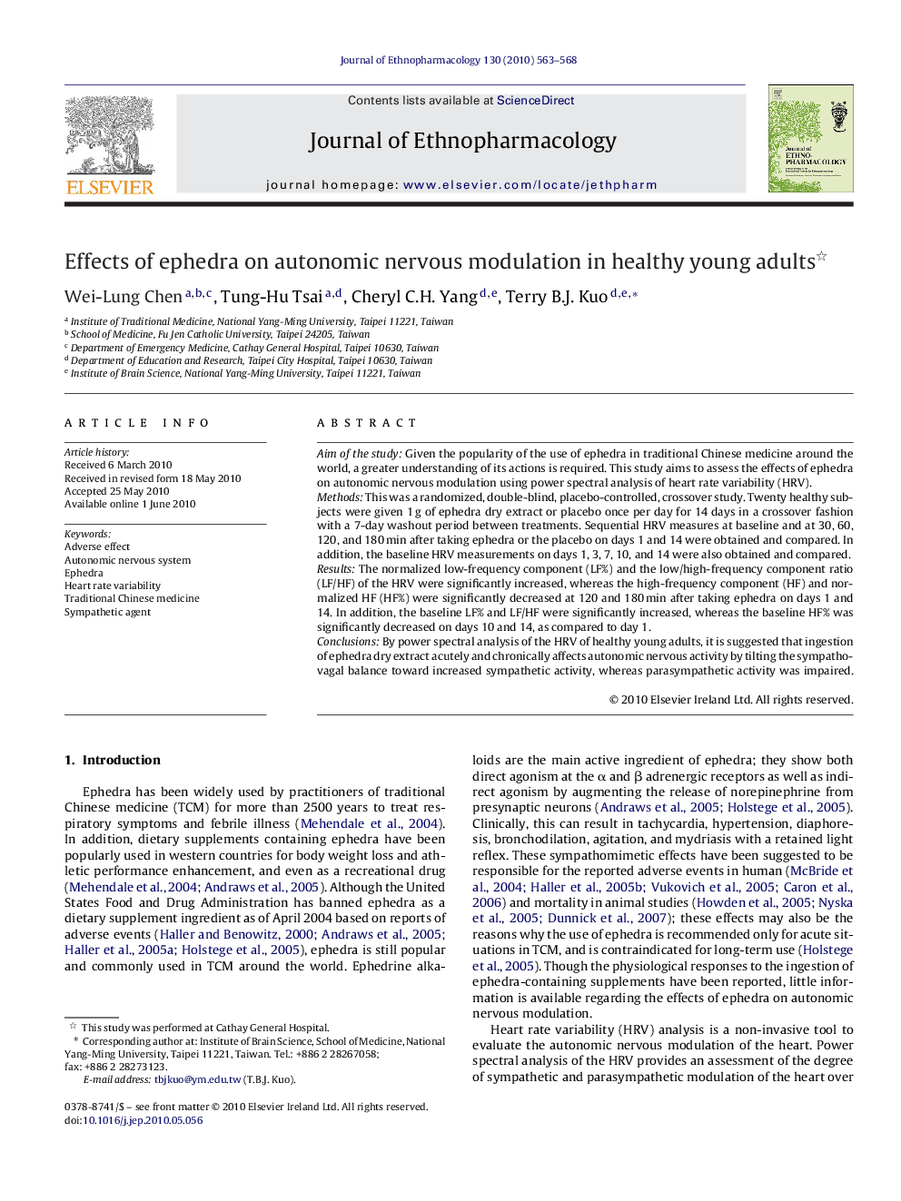 Effects of ephedra on autonomic nervous modulation in healthy young adults 