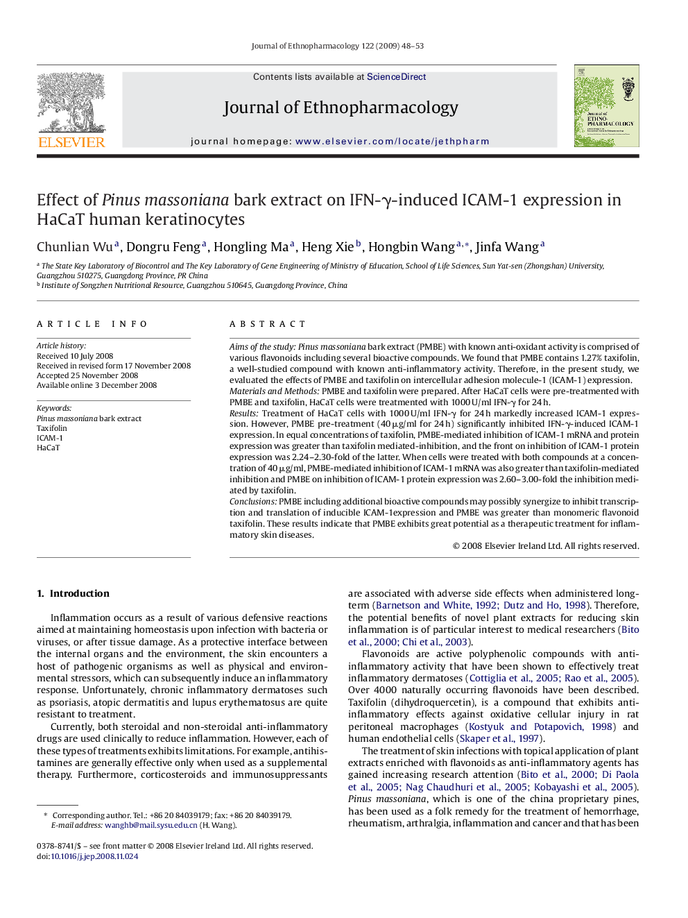 Effect of Pinus massoniana bark extract on IFN-γ-induced ICAM-1 expression in HaCaT human keratinocytes