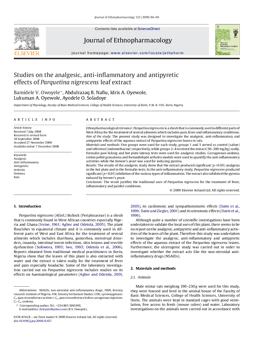 Studies on the analgesic, anti-inflammatory and antipyretic effects of Parquetina nigrescens leaf extract