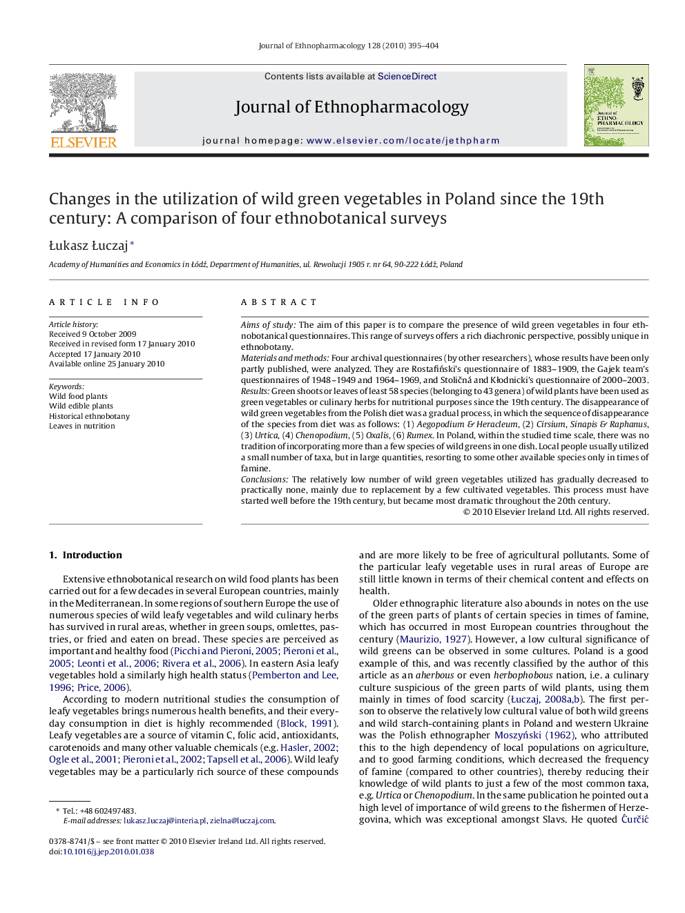 عکس صفحه اول مقاله: Changes in the utilization of wild green vegetables in Poland since the 19th century: A comparison of four ethnobotanical surveys Changes in the utilization of wild green vegetables in Poland since the 19th century: A comparison of four ethnobotanical surveys