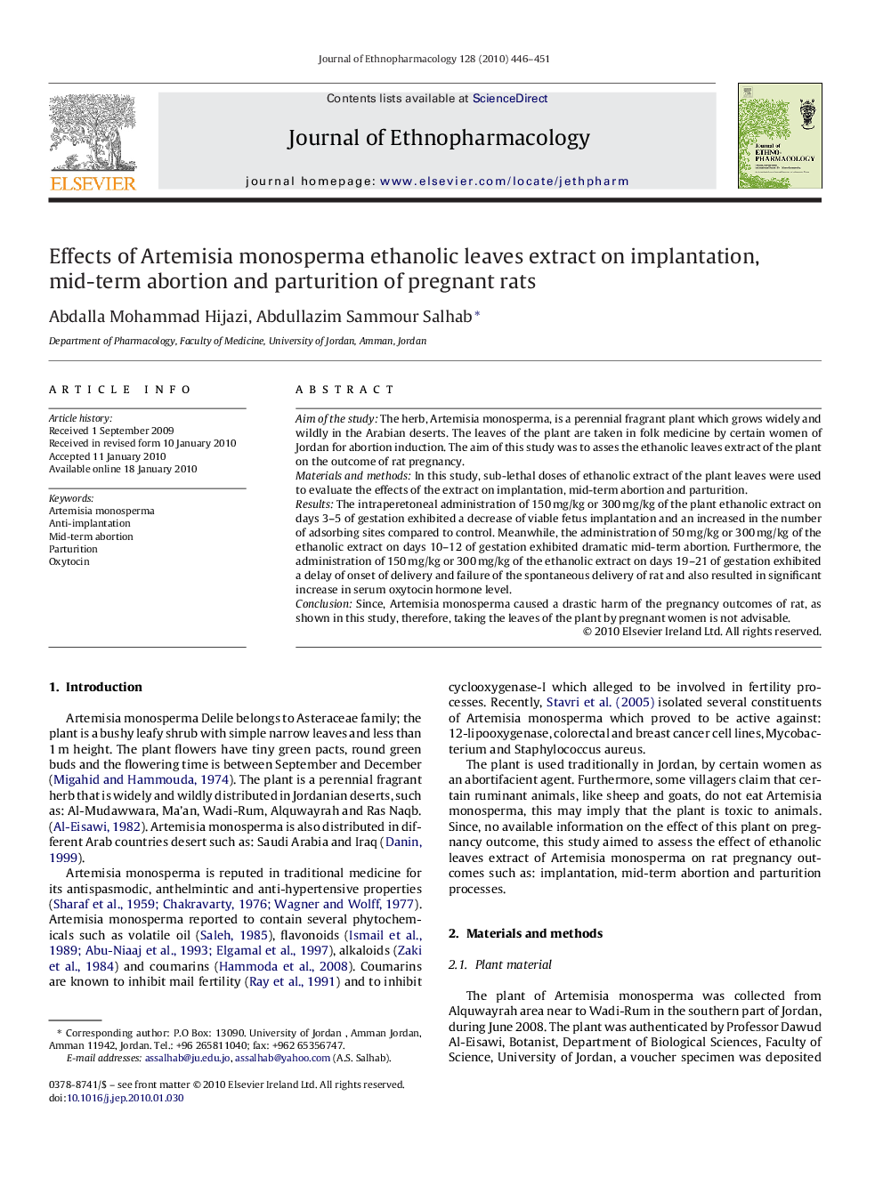 Effects of Artemisia monosperma ethanolic leaves extract on implantation, mid-term abortion and parturition of pregnant rats