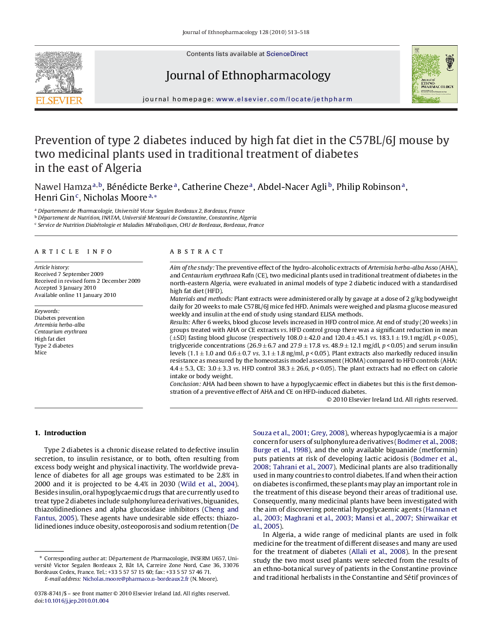 Prevention of type 2 diabetes induced by high fat diet in the C57BL/6J mouse by two medicinal plants used in traditional treatment of diabetes in the east of Algeria