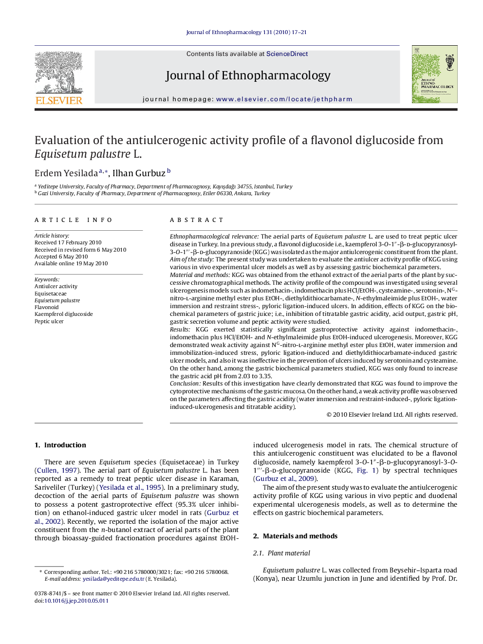 Evaluation of the antiulcerogenic activity profile of a flavonol diglucoside from Equisetum palustre L.