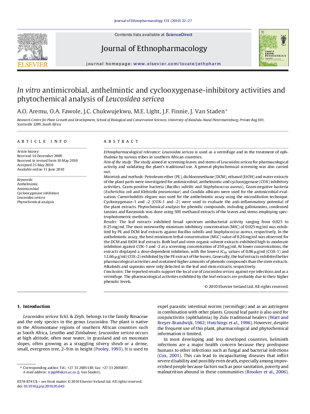 In vitro antimicrobial, anthelmintic and cyclooxygenase-inhibitory activities and phytochemical analysis of Leucosidea sericea