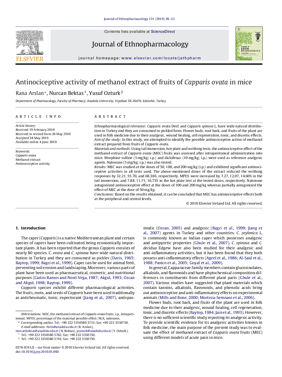 Antinociceptive activity of methanol extract of fruits of Capparis ovata in mice