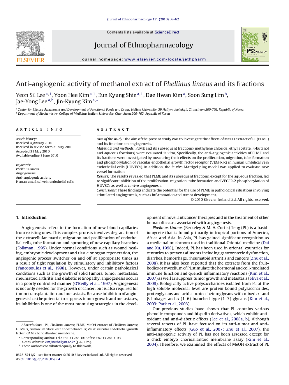 Anti-angiogenic activity of methanol extract of Phellinus linteus and its fractions