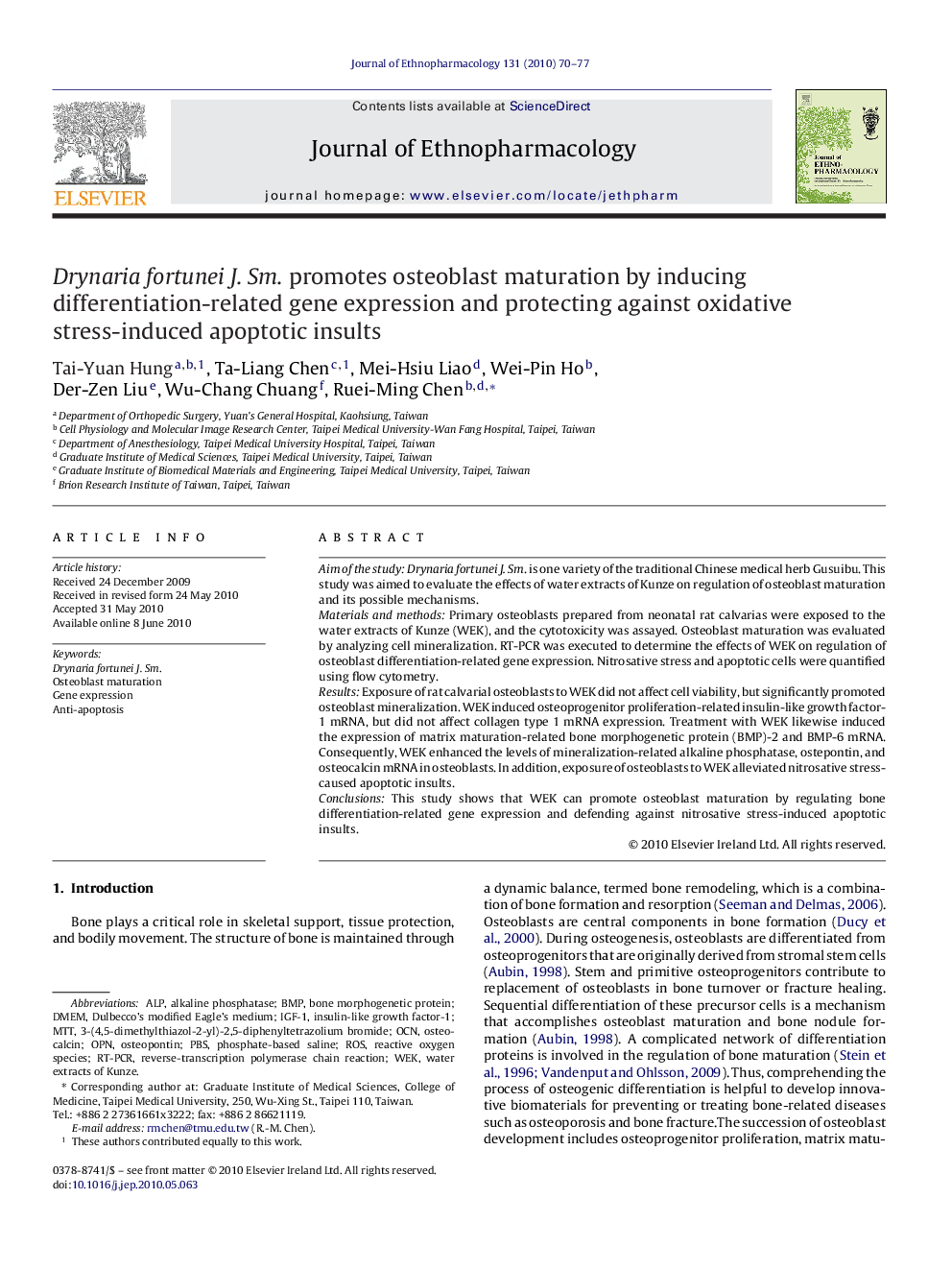 Drynaria fortunei J. Sm. promotes osteoblast maturation by inducing differentiation-related gene expression and protecting against oxidative stress-induced apoptotic insults