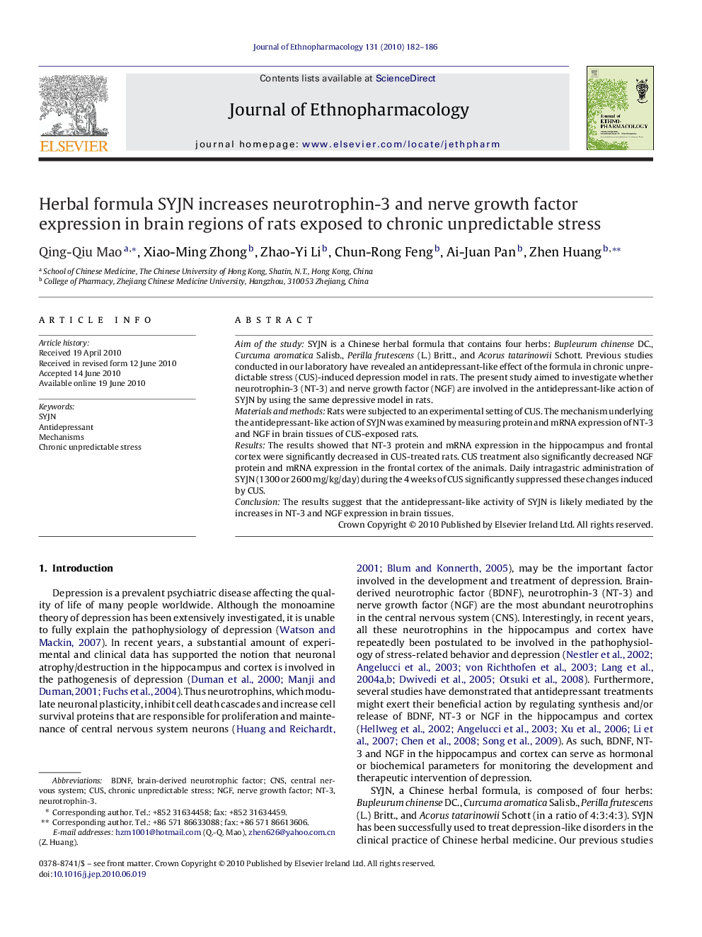 Herbal formula SYJN increases neurotrophin-3 and nerve growth factor expression in brain regions of rats exposed to chronic unpredictable stress