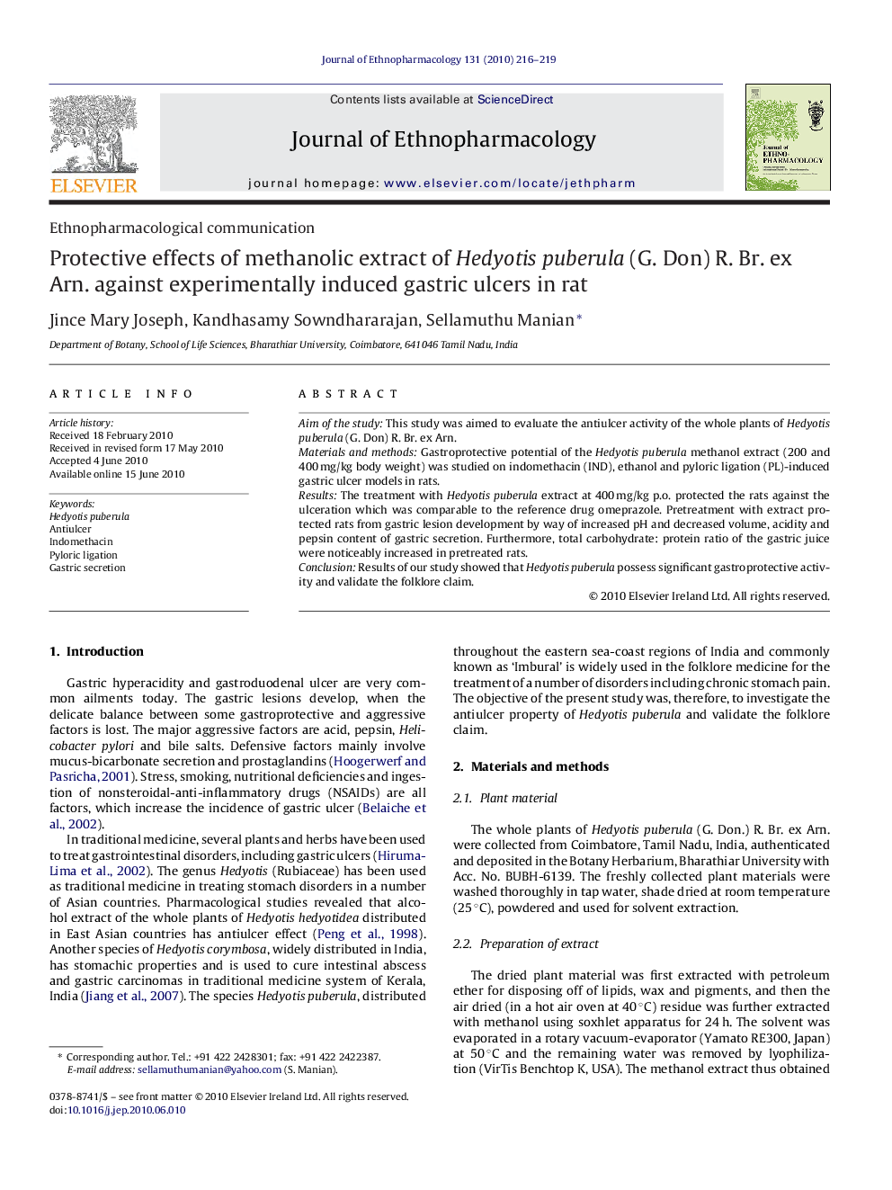 Protective effects of methanolic extract of Hedyotis puberula (G. Don) R. Br. ex Arn. against experimentally induced gastric ulcers in rat