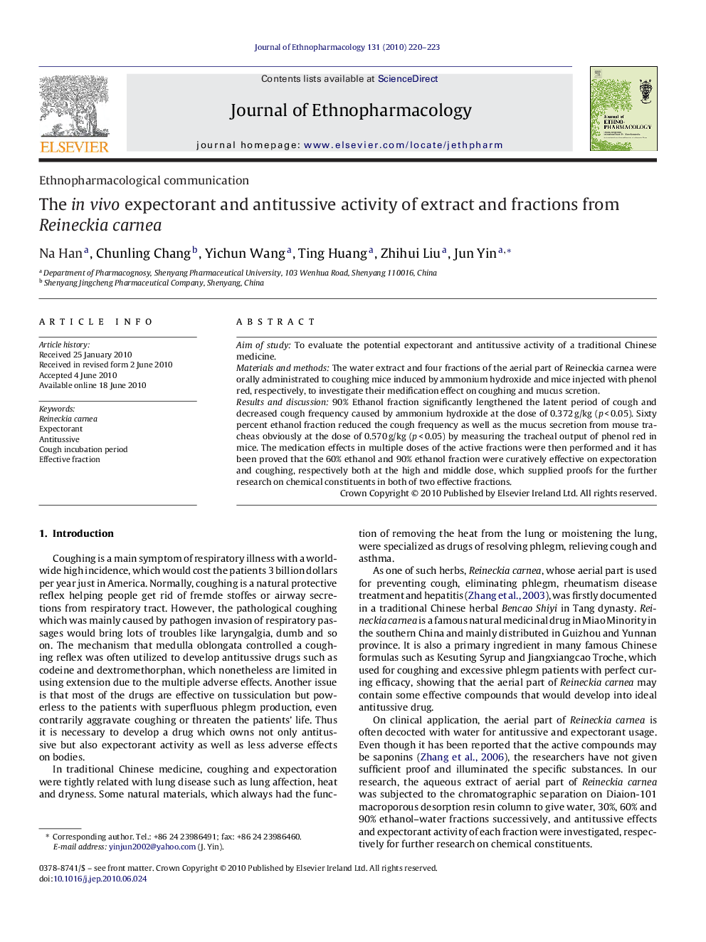 The in vivo expectorant and antitussive activity of extract and fractions from Reineckia carnea