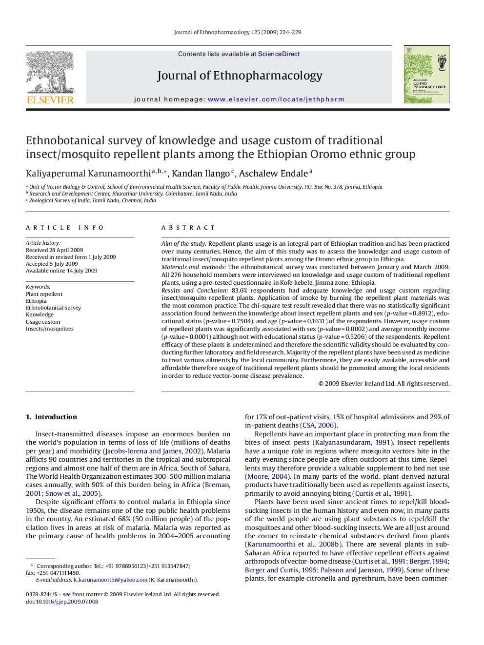 Ethnobotanical survey of knowledge and usage custom of traditional insect/mosquito repellent plants among the Ethiopian Oromo ethnic group