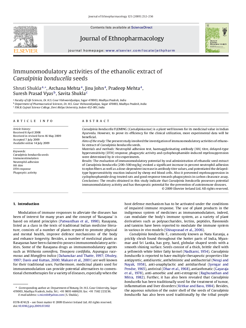 Immunomodulatory activities of the ethanolic extract of Caesalpinia bonducella seeds