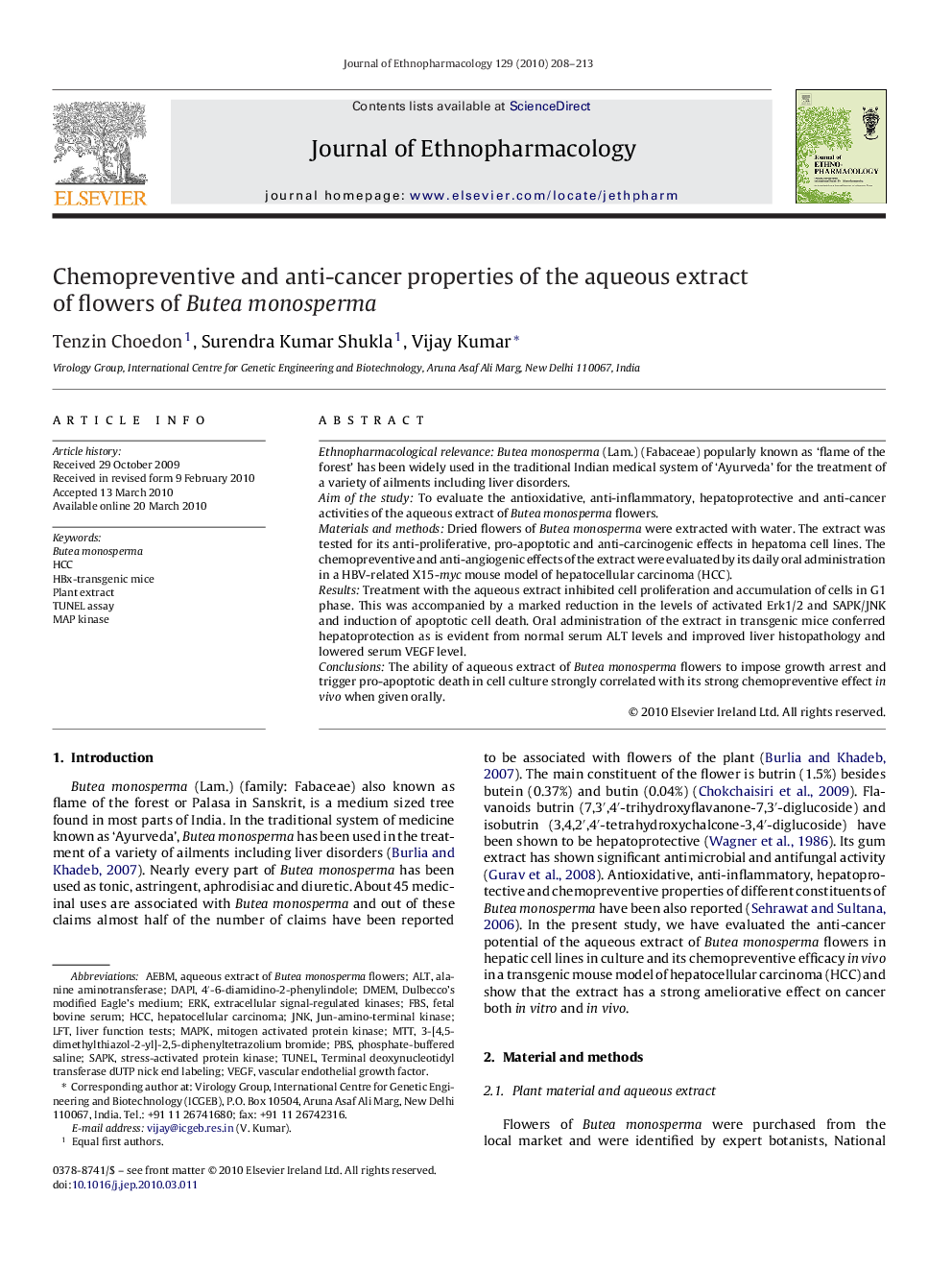 Chemopreventive and anti-cancer properties of the aqueous extract of flowers of Butea monosperma