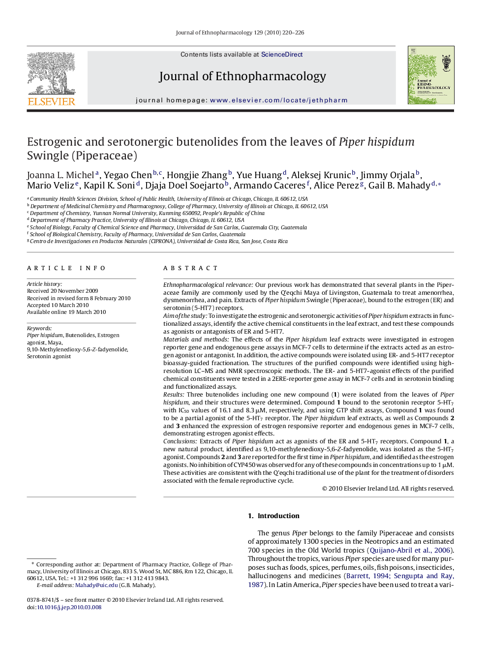 Estrogenic and serotonergic butenolides from the leaves of Piper hispidum Swingle (Piperaceae)