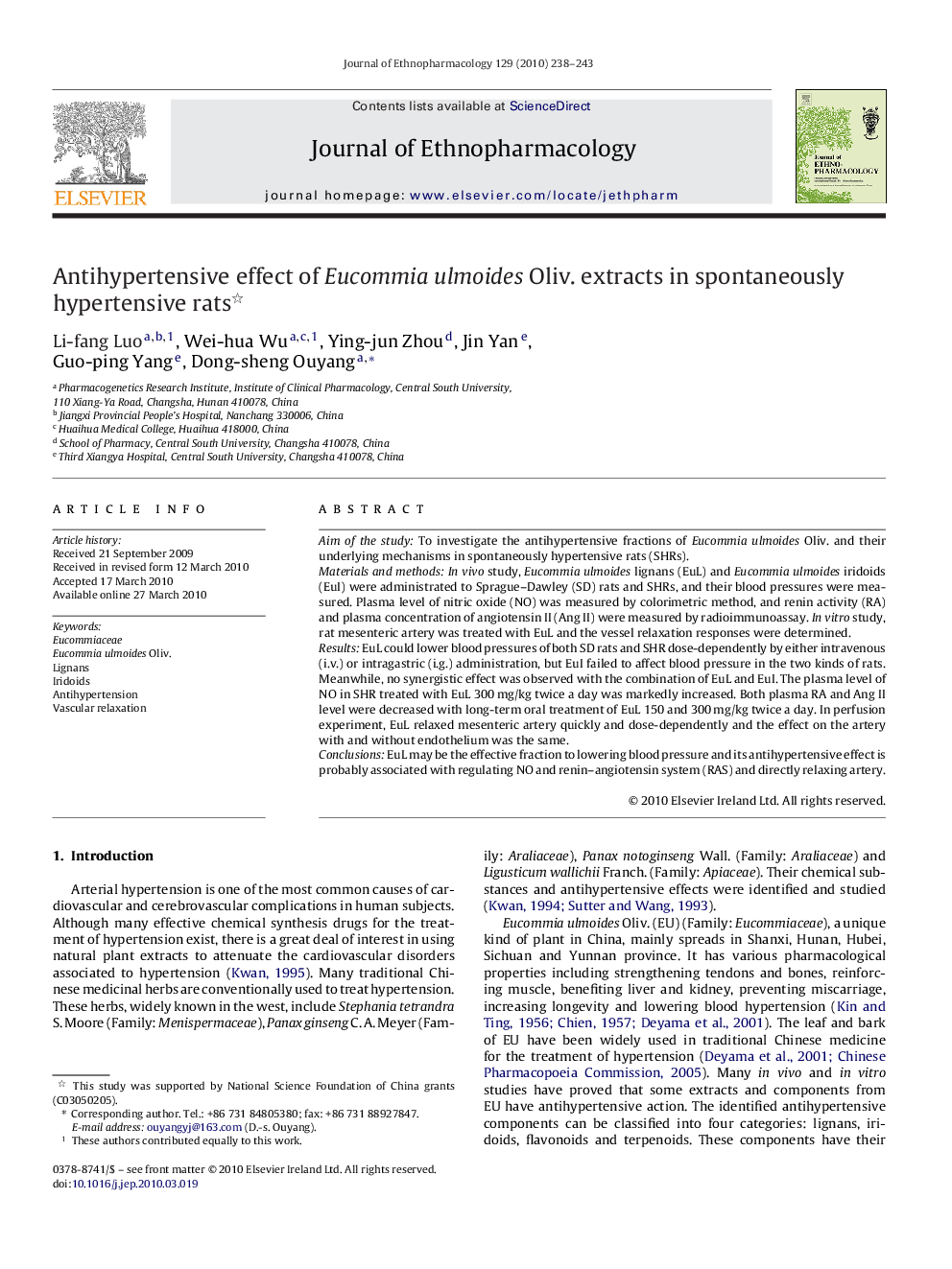 Antihypertensive effect of Eucommia ulmoides Oliv. extracts in spontaneously hypertensive rats 