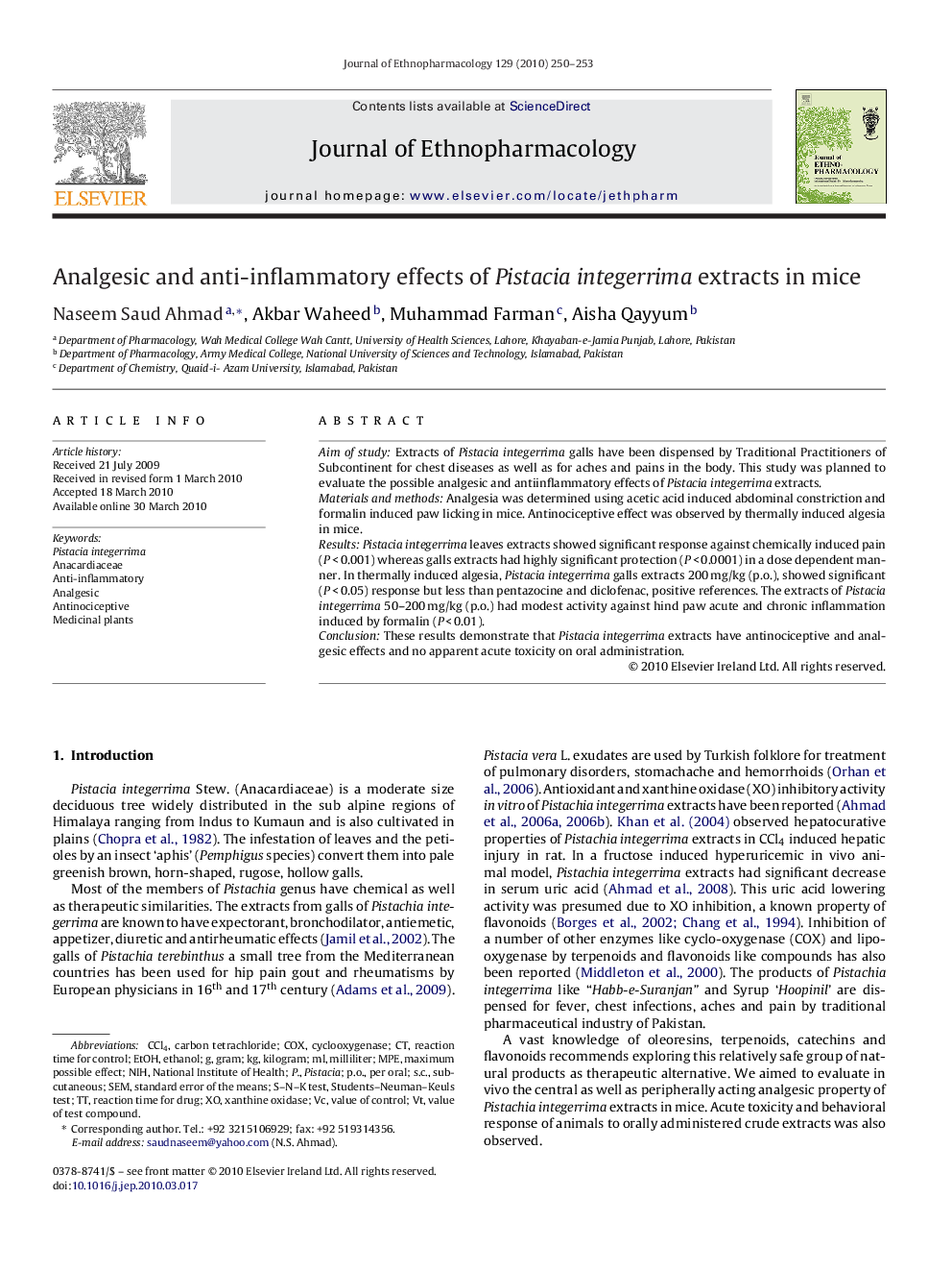 Analgesic and anti-inflammatory effects of Pistacia integerrima extracts in mice