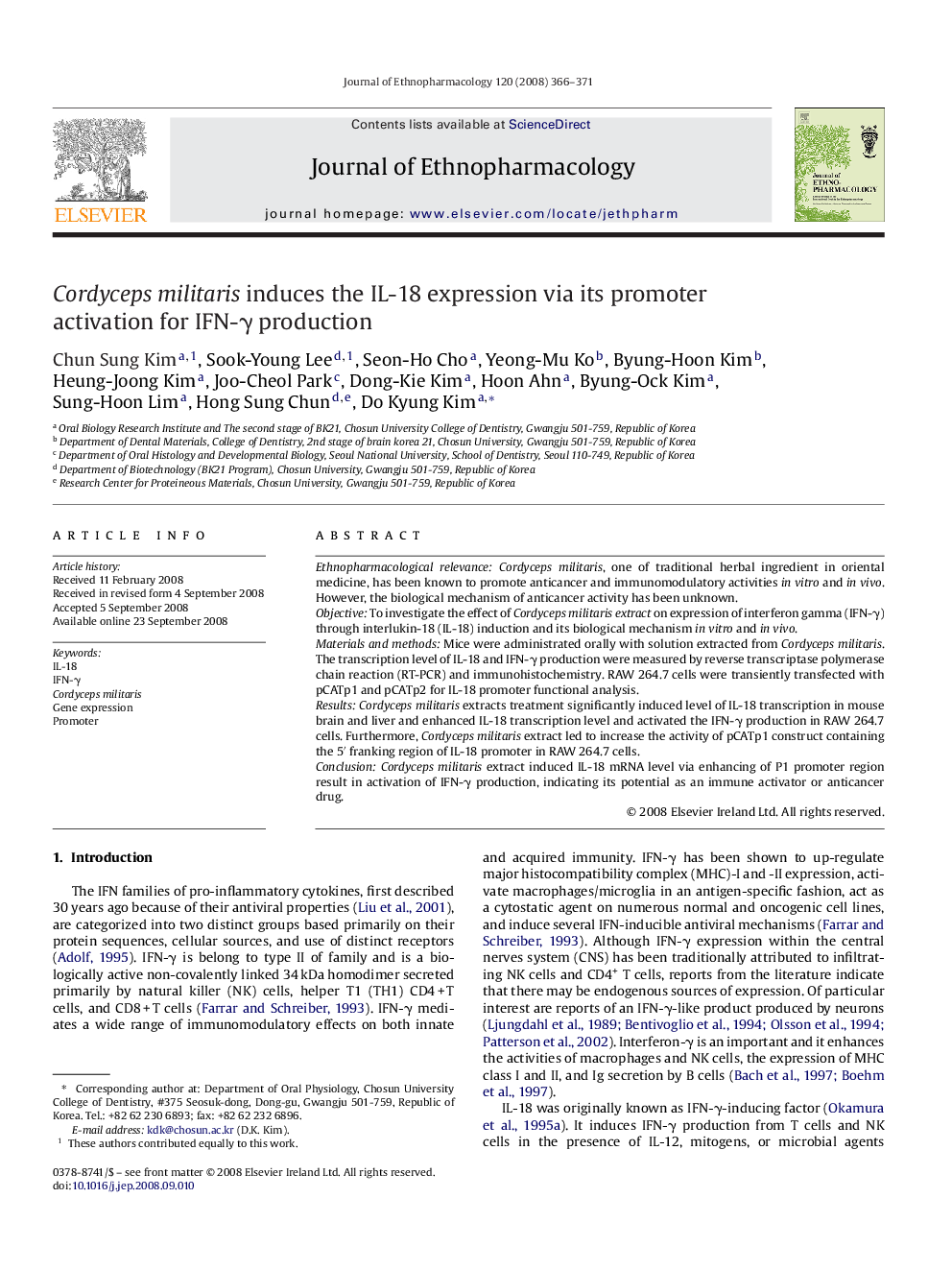 Cordyceps militaris induces the IL-18 expression via its promoter activation for IFN-γ production