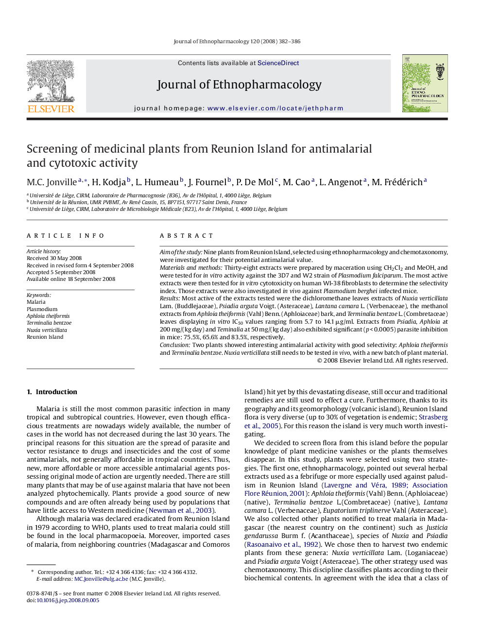 Screening of medicinal plants from Reunion Island for antimalarial and cytotoxic activity