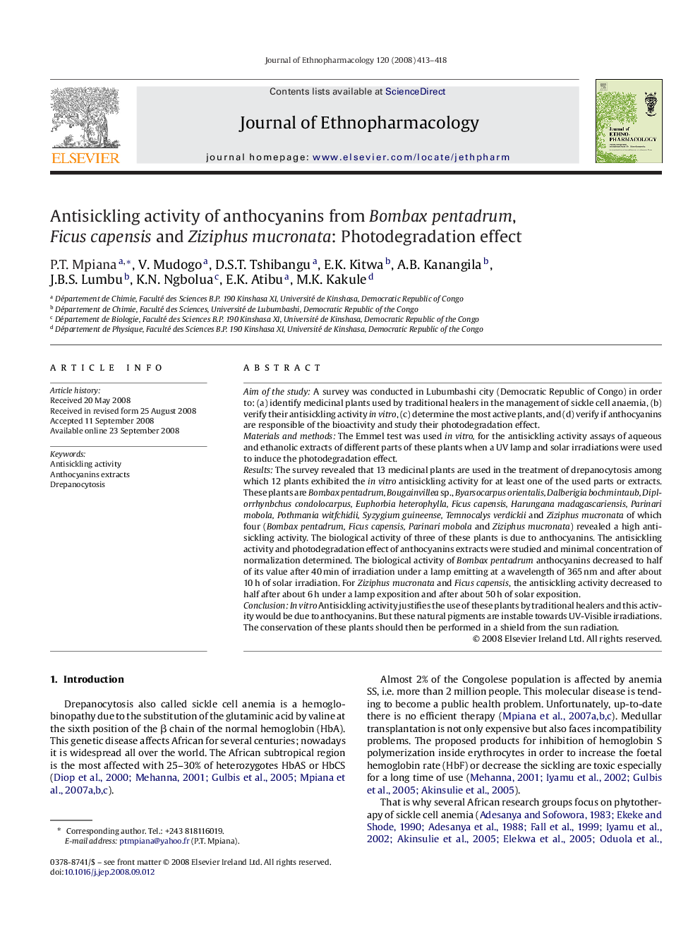 Antisickling activity of anthocyanins from Bombax pentadrum, Ficus capensis and Ziziphus mucronata: Photodegradation effect