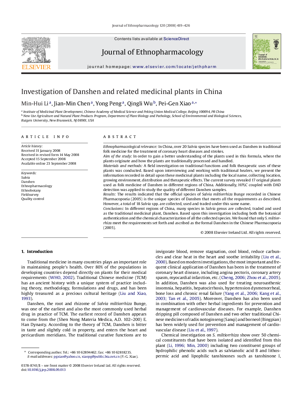 Investigation of Danshen and related medicinal plants in China