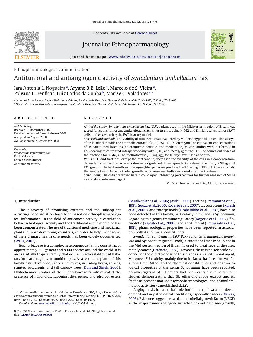 Antitumoral and antiangiogenic activity of Synadenium umbellatum Pax