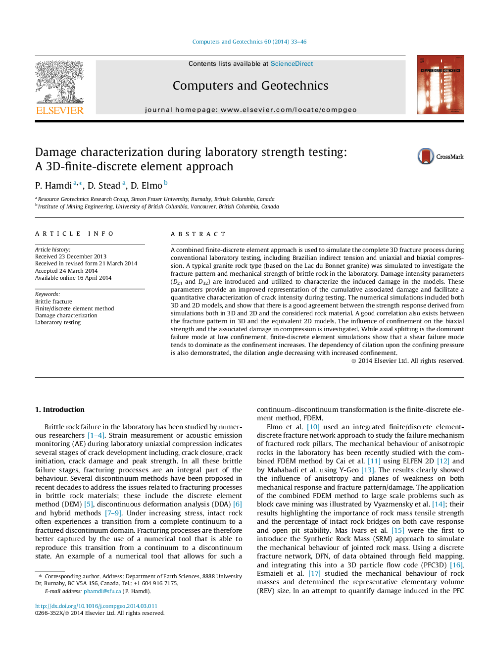 Damage characterization during laboratory strength testing: A 3D-finite-discrete element approach