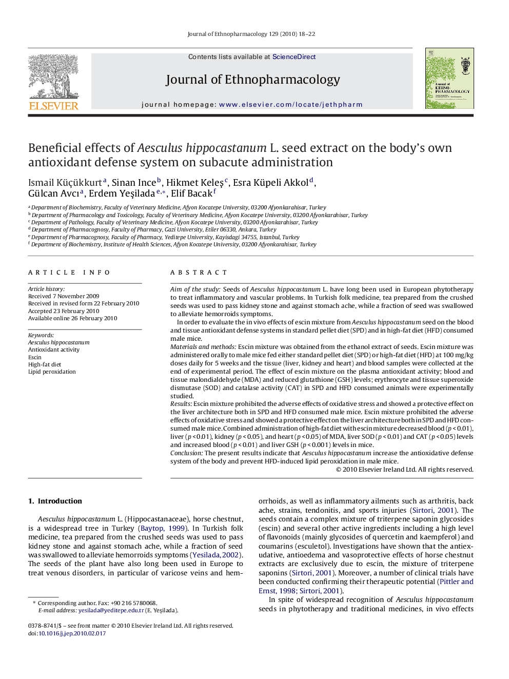 Beneficial effects of Aesculus hippocastanum L. seed extract on the body's own antioxidant defense system on subacute administration