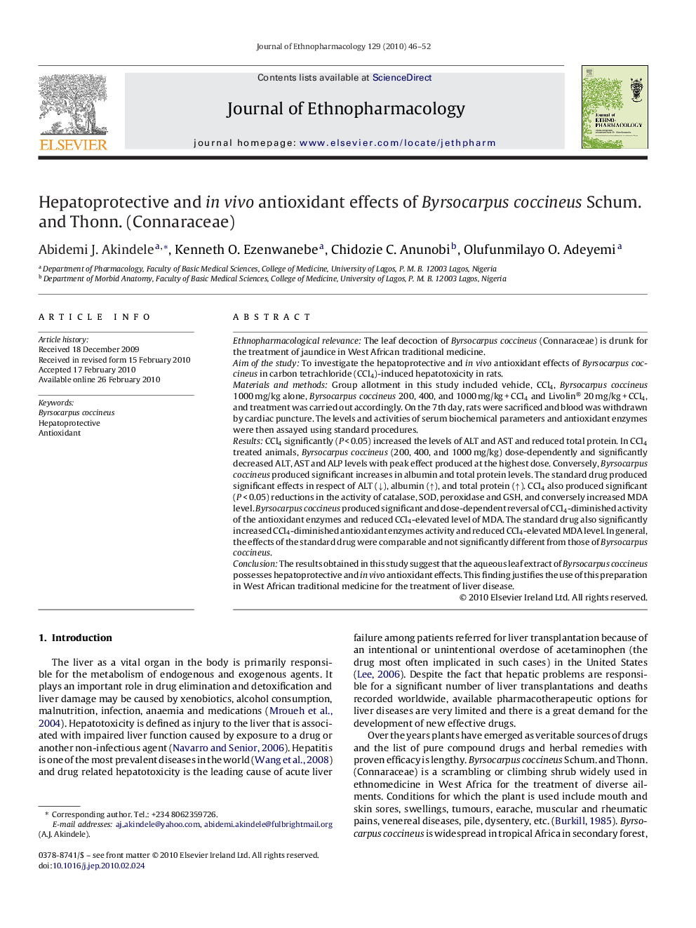 Hepatoprotective and in vivo antioxidant effects of Byrsocarpus coccineus Schum. and Thonn. (Connaraceae)