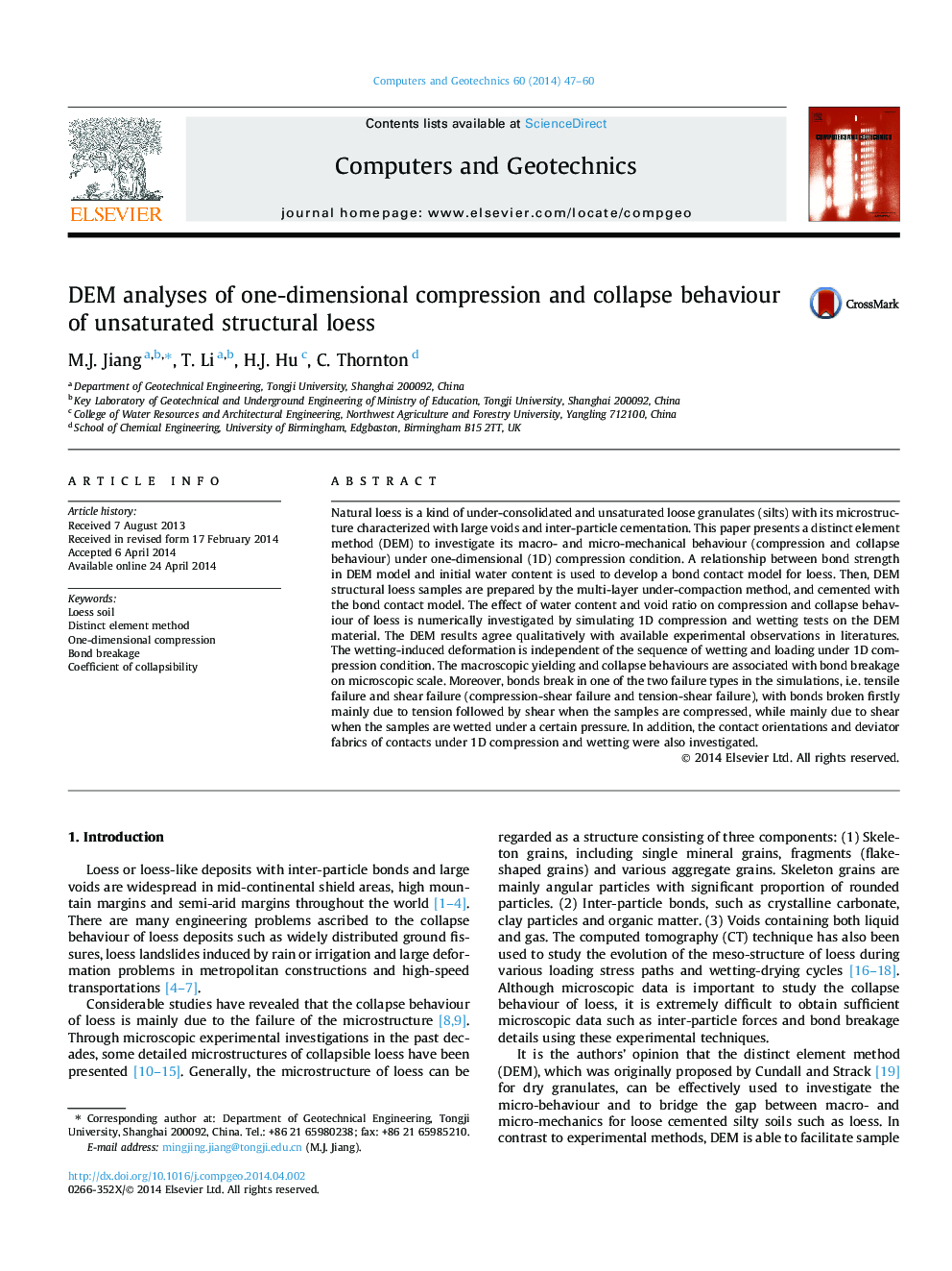 DEM analyses of one-dimensional compression and collapse behaviour of unsaturated structural loess