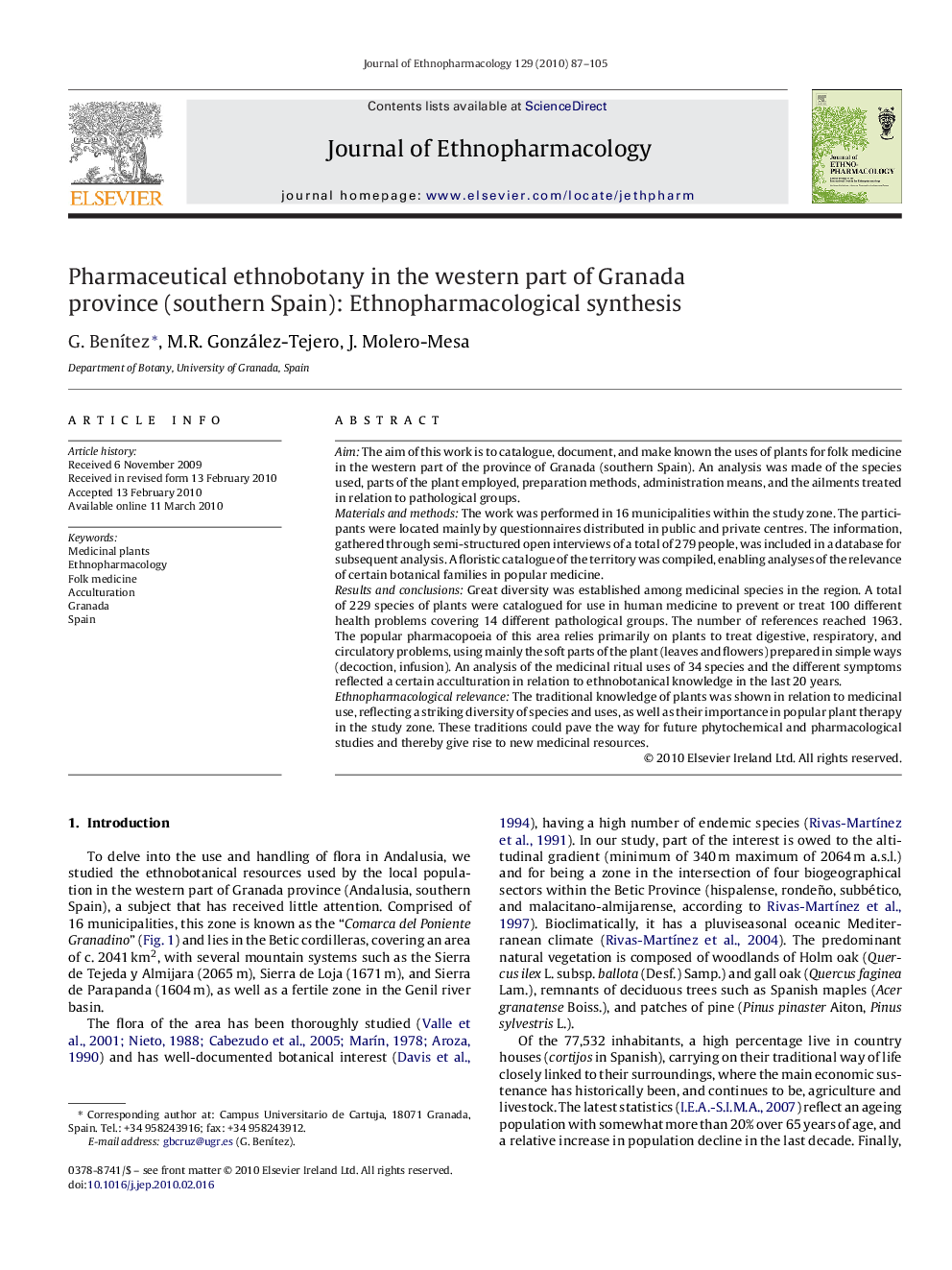 Pharmaceutical ethnobotany in the western part of Granada province (southern Spain): Ethnopharmacological synthesis