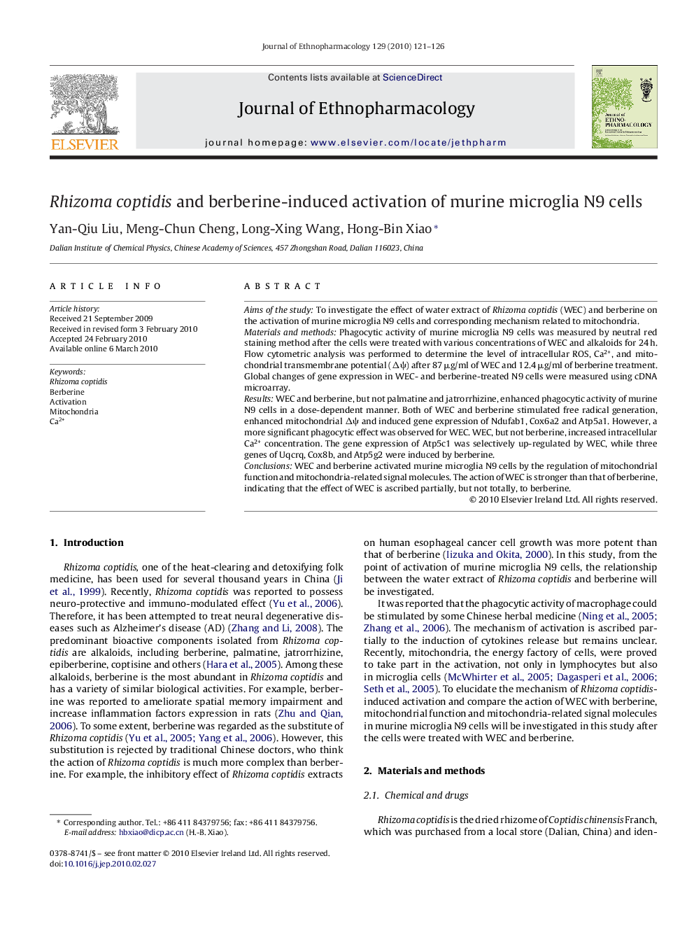 Rhizoma coptidis and berberine-induced activation of murine microglia N9 cells