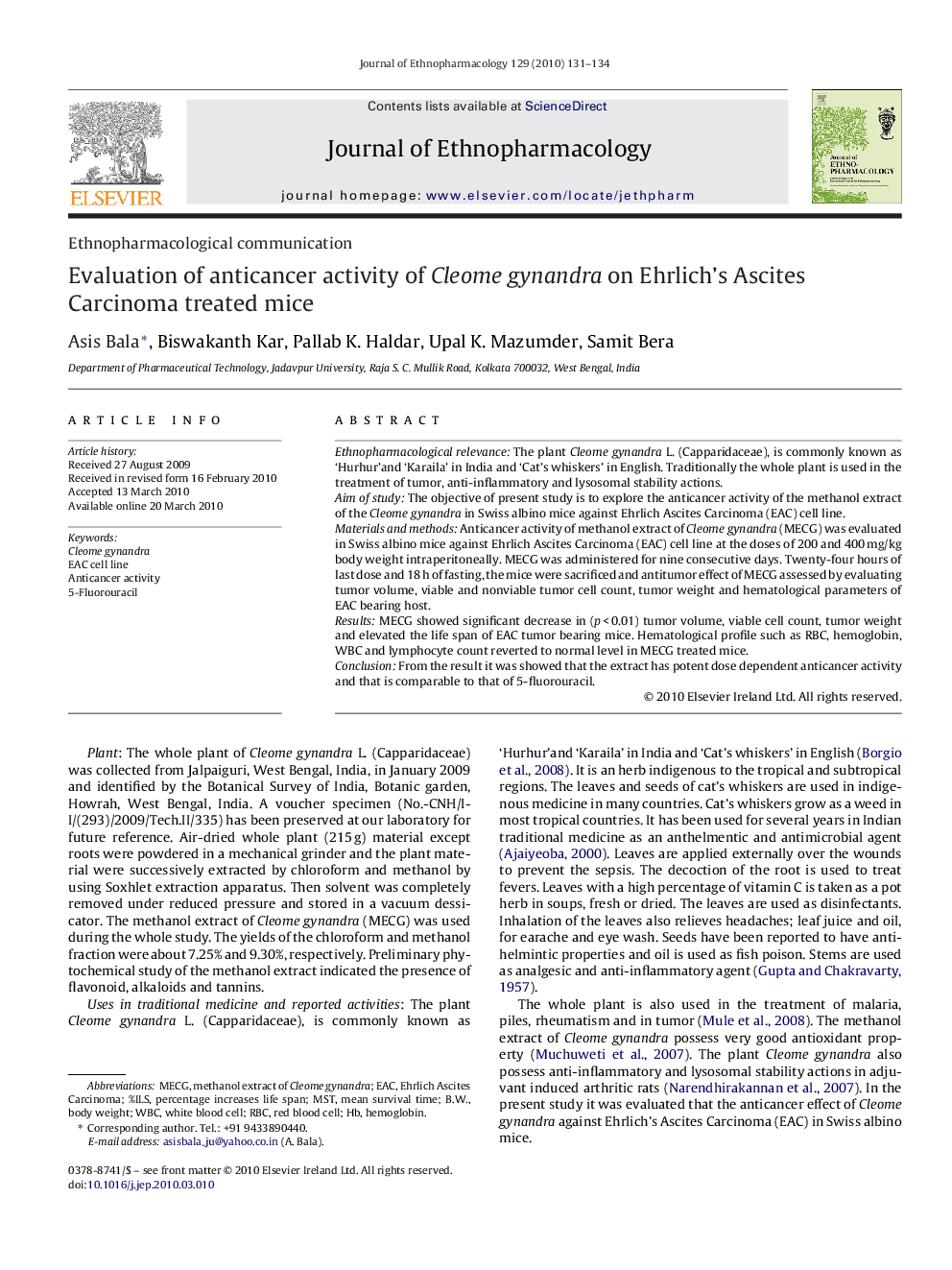 Evaluation of anticancer activity of Cleome gynandra on Ehrlich's Ascites Carcinoma treated mice