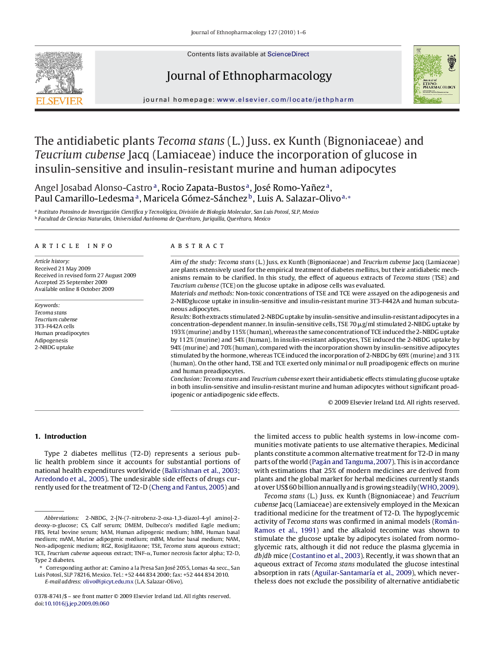 The antidiabetic plants Tecoma stans (L.) Juss. ex Kunth (Bignoniaceae) and Teucrium cubense Jacq (Lamiaceae) induce the incorporation of glucose in insulin-sensitive and insulin-resistant murine and human adipocytes