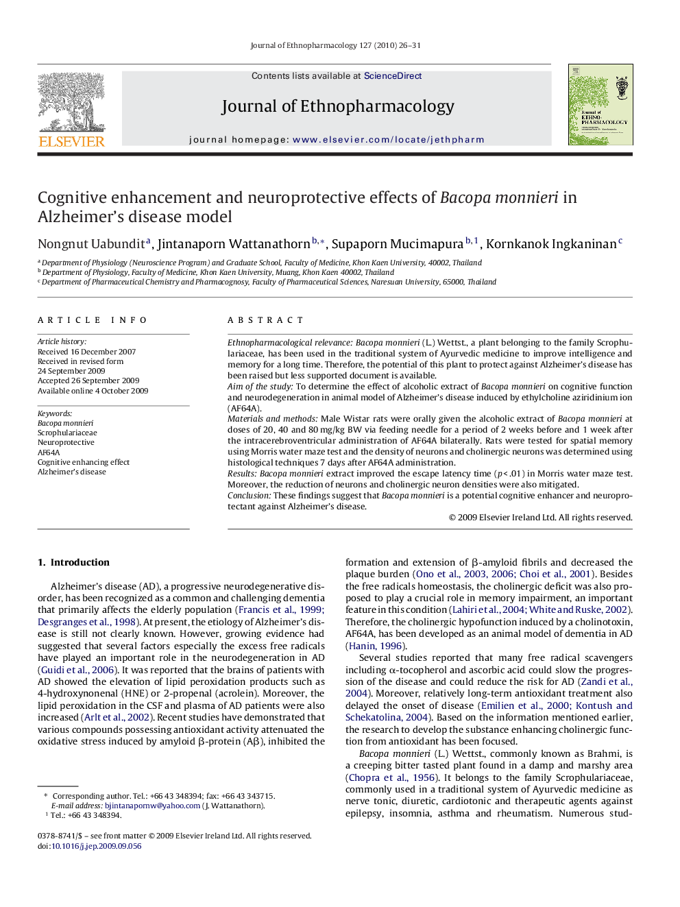 Cognitive enhancement and neuroprotective effects of Bacopa monnieri in Alzheimer's disease model