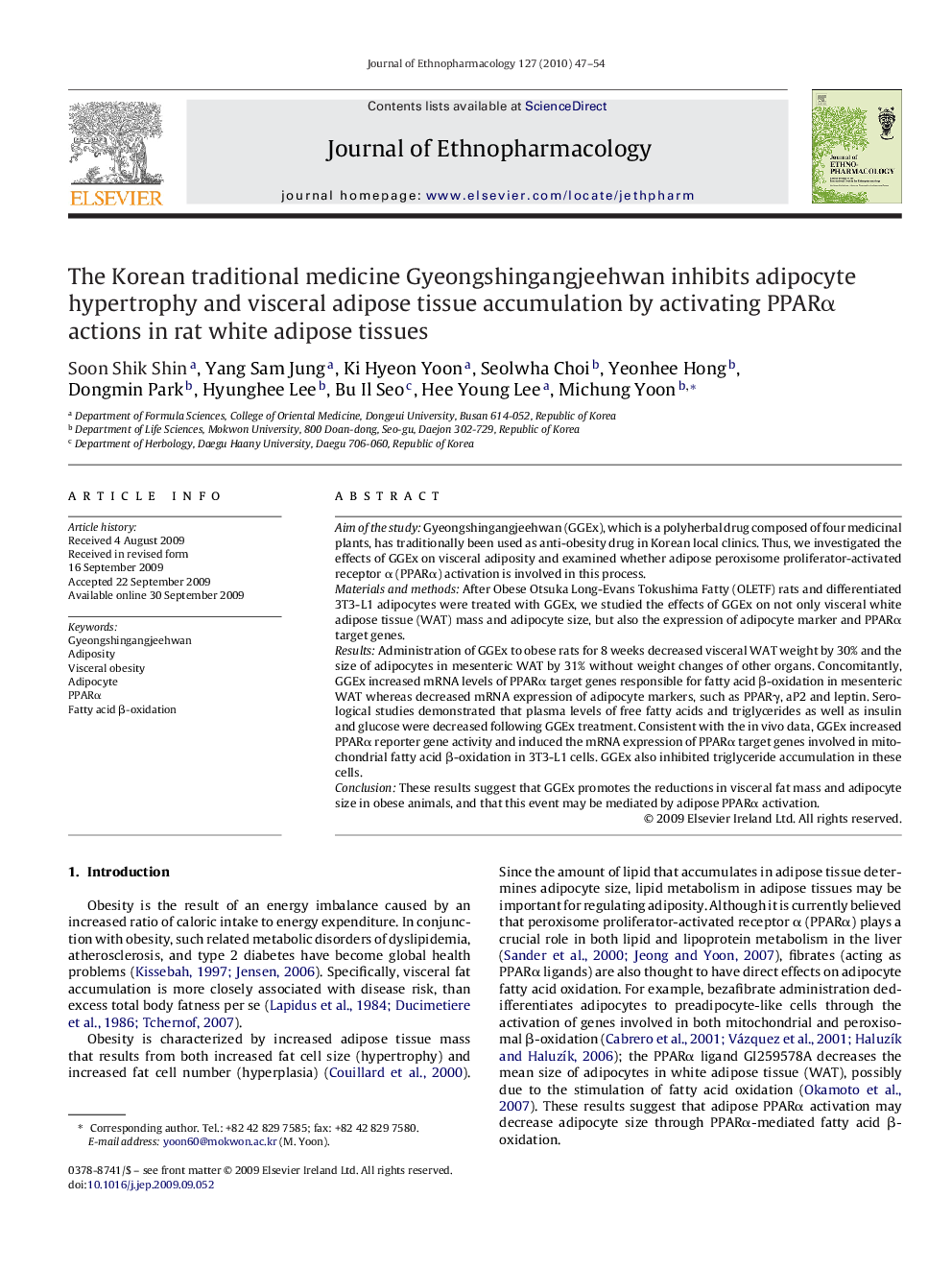 The Korean traditional medicine Gyeongshingangjeehwan inhibits adipocyte hypertrophy and visceral adipose tissue accumulation by activating PPARα actions in rat white adipose tissues