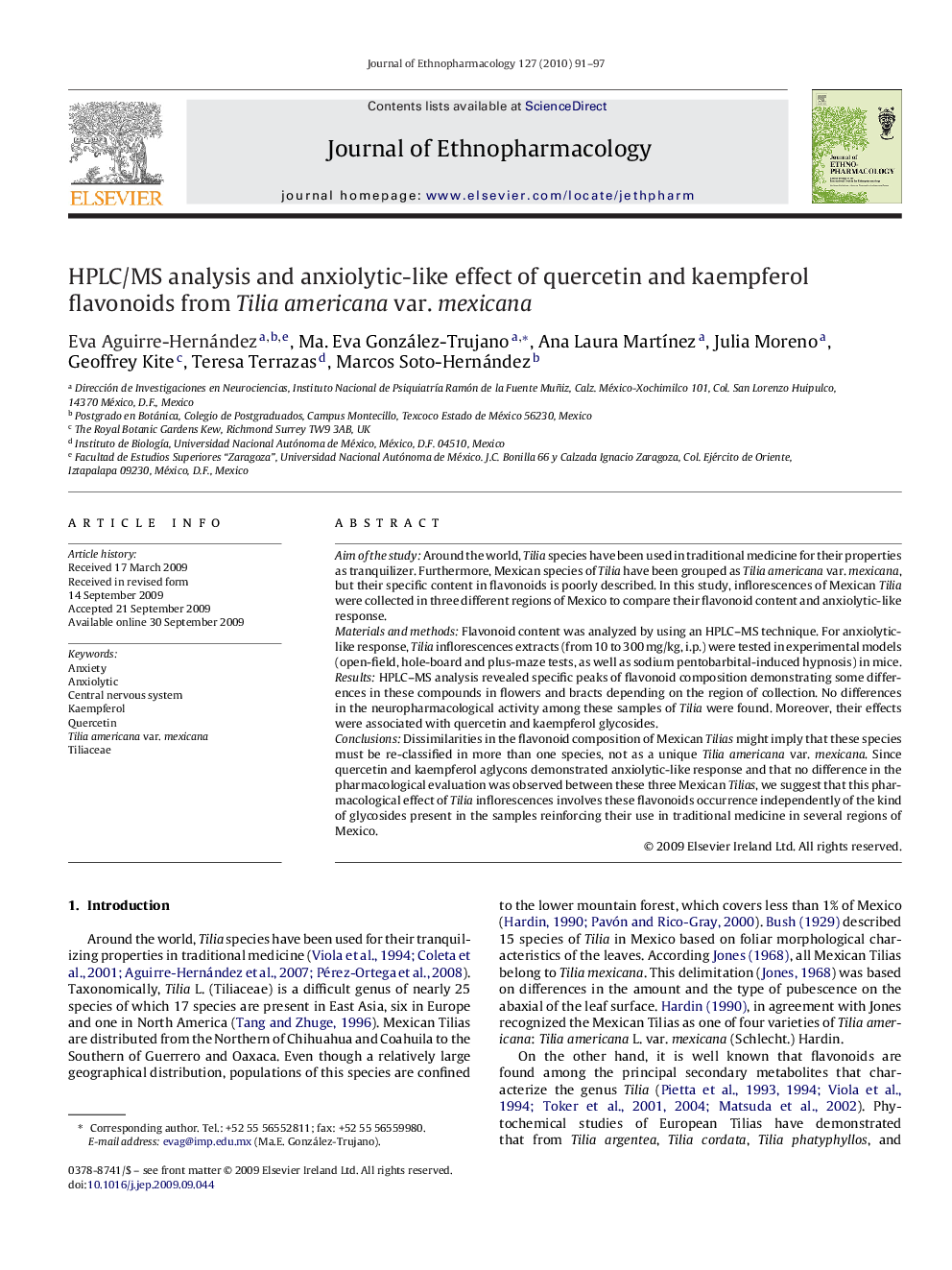 HPLC/MS analysis and anxiolytic-like effect of quercetin and kaempferol flavonoids from Tilia americana var. mexicana