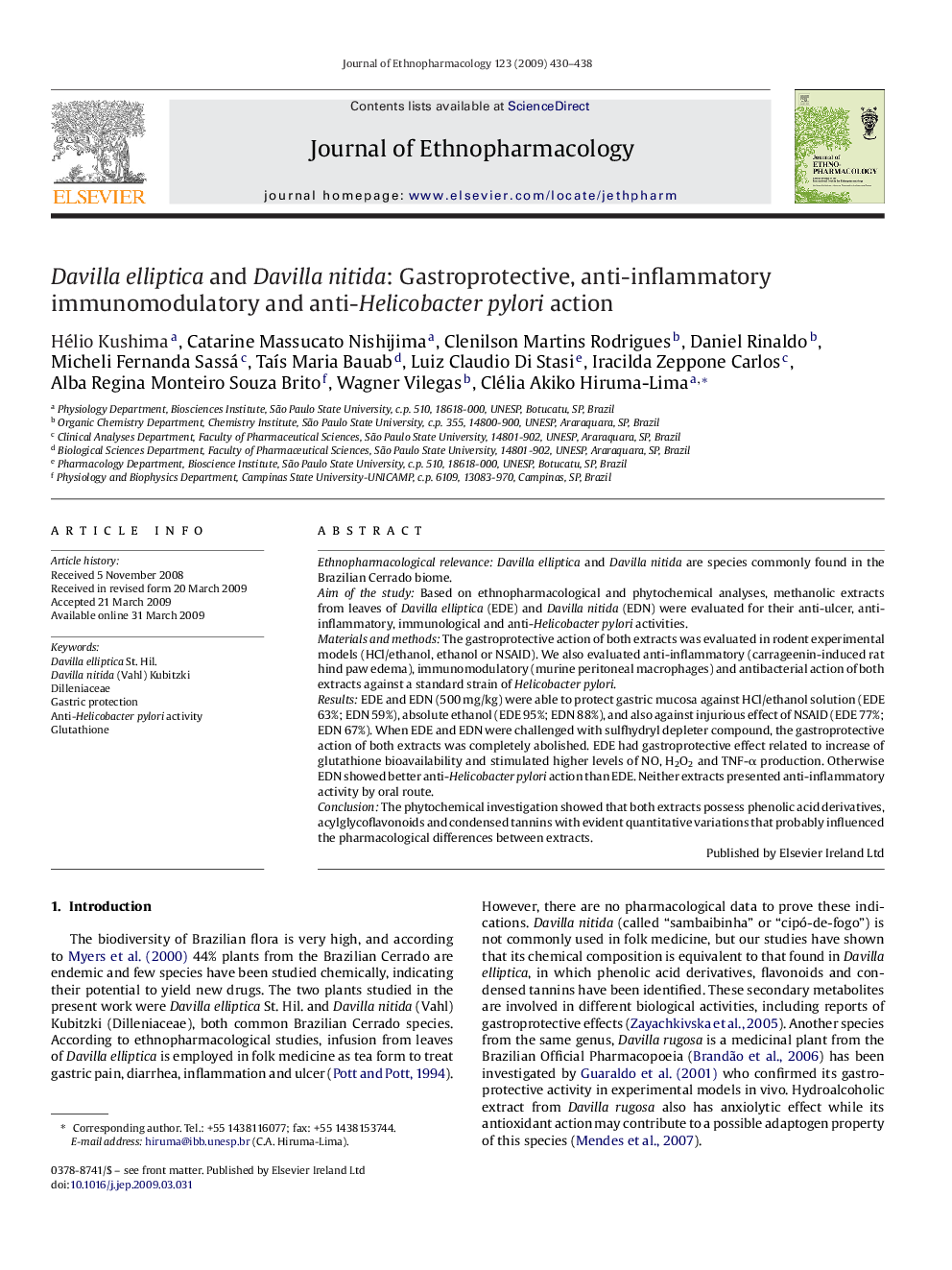 Davilla elliptica and Davilla nitida: Gastroprotective, anti-inflammatory immunomodulatory and anti-Helicobacter pylori action