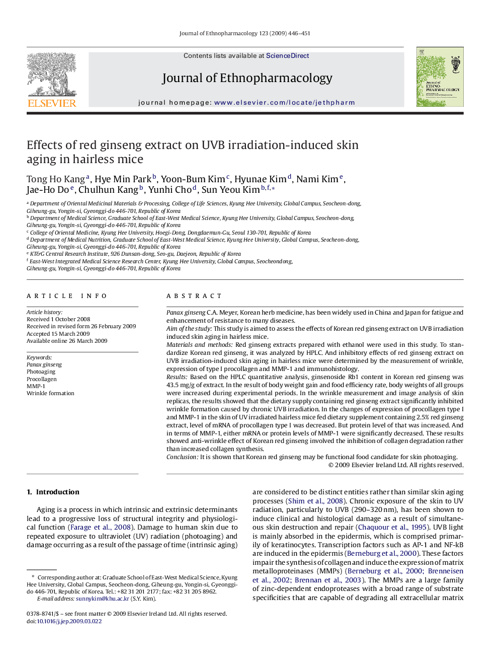 Effects of red ginseng extract on UVB irradiation-induced skin aging in hairless mice