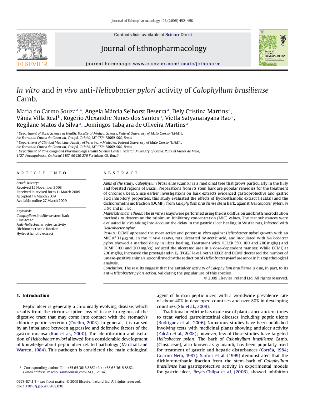 In vitro and in vivo anti-Helicobacter pylori activity of Calophyllum brasiliense Camb.